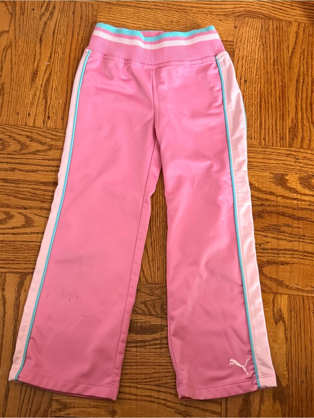 Puma Pink Joggers with White Side Panels and Blue Trim